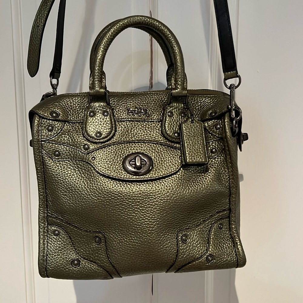 Coach metallic olive green pebble leather bag